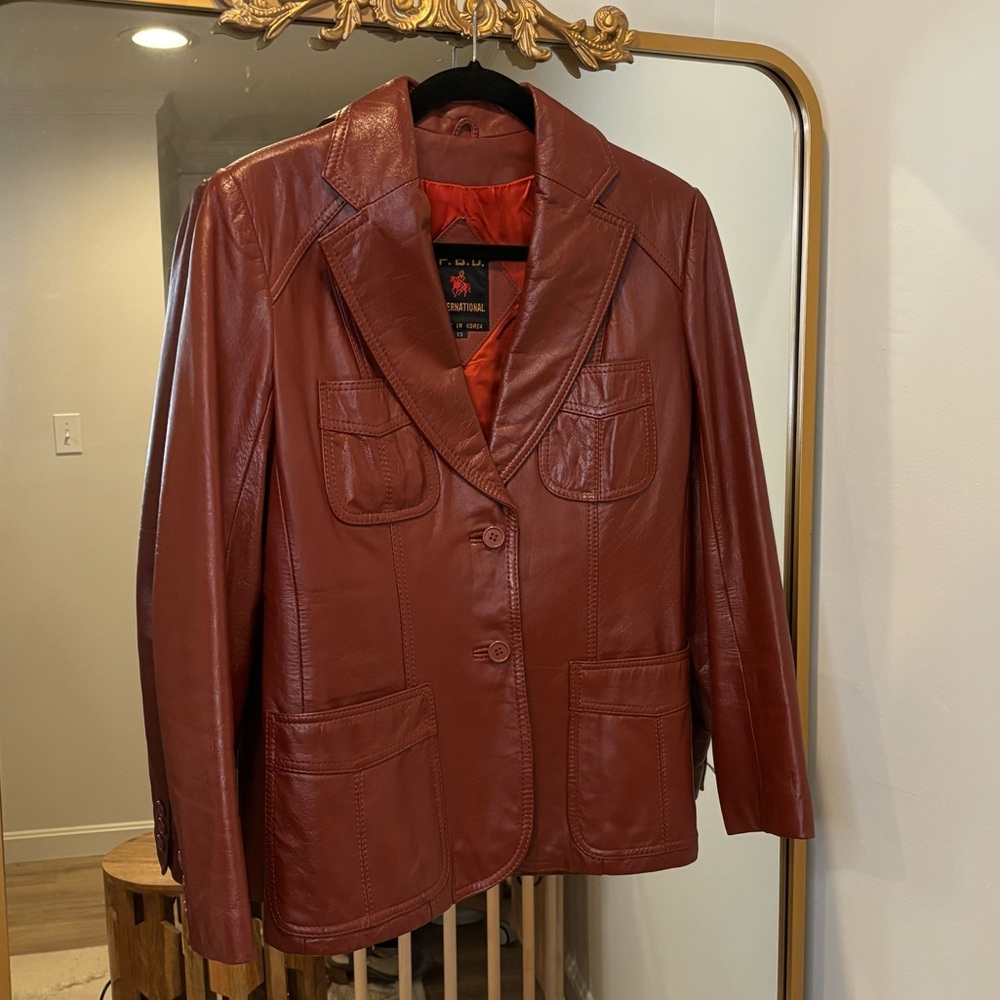 Vintage Women's Red 100% Leather Blazer Jacket